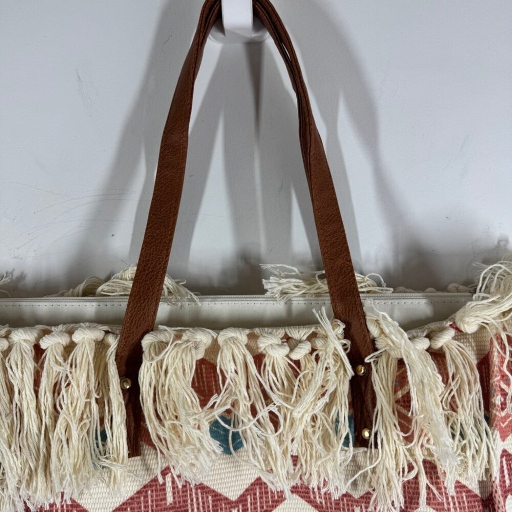 Boho Aztec Fringe Tote Bag Tribal Canvas Beach Shopper Southwest Style Summer - Picture 5 of 14